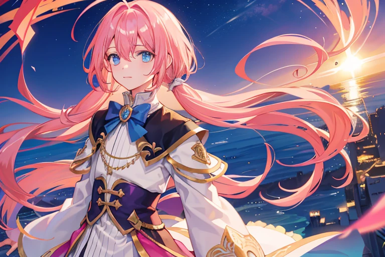 1boy, magical, long hair, pink hair, blue eyes, idol costume, ahoge, sunset, night view, starry sky, blue sky