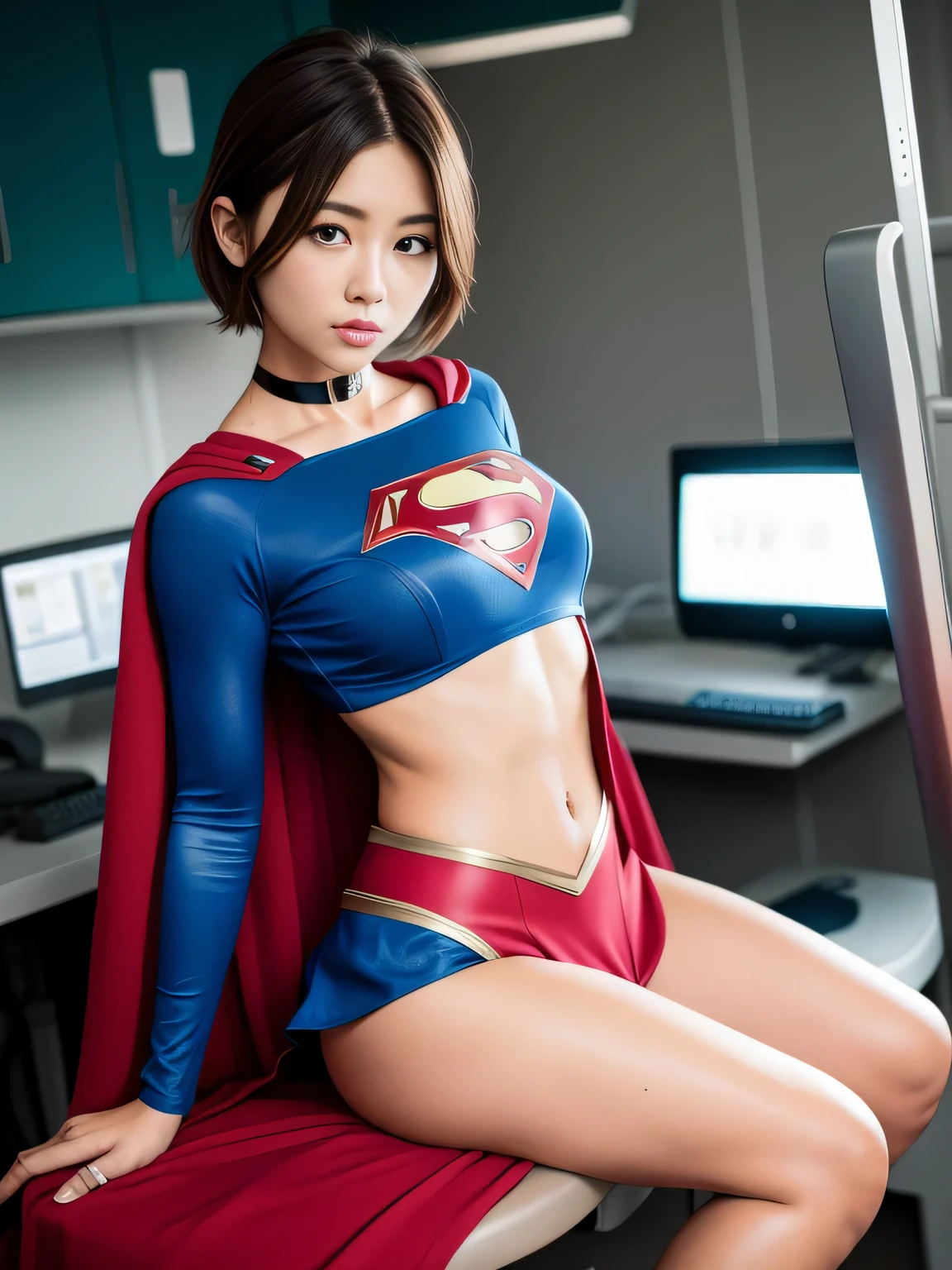 master piece,Supergirl costumes, short hair, barefoot, big and full breasts,operating room、operating table、straddle、corrupted、shiny、look at the camera、choker、long sleeve、red mini skirt