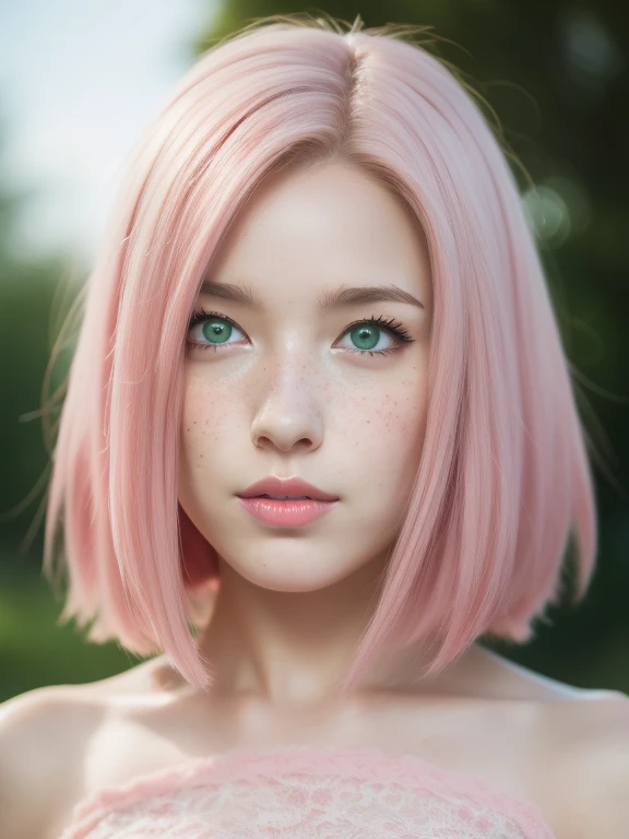 young woman, bubblegum pink hair, wide forehead, emerald green eyes, upturned nose, freckles on nose, thick pink lips, heart-shaped face, golden dress, Sakura Haruno, realism, well detailed, 3d