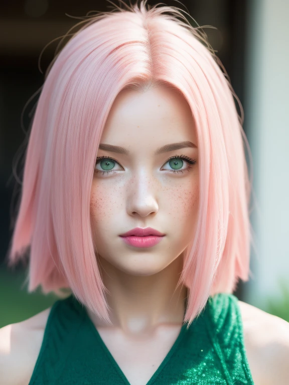 young woman, bubblegum pink hair, wide forehead, emerald green eyes, upturned nose, freckles on nose, thick pink lips, heart-shaped face, golden dress, Sakura Haruno, realism, well detailed, 3d