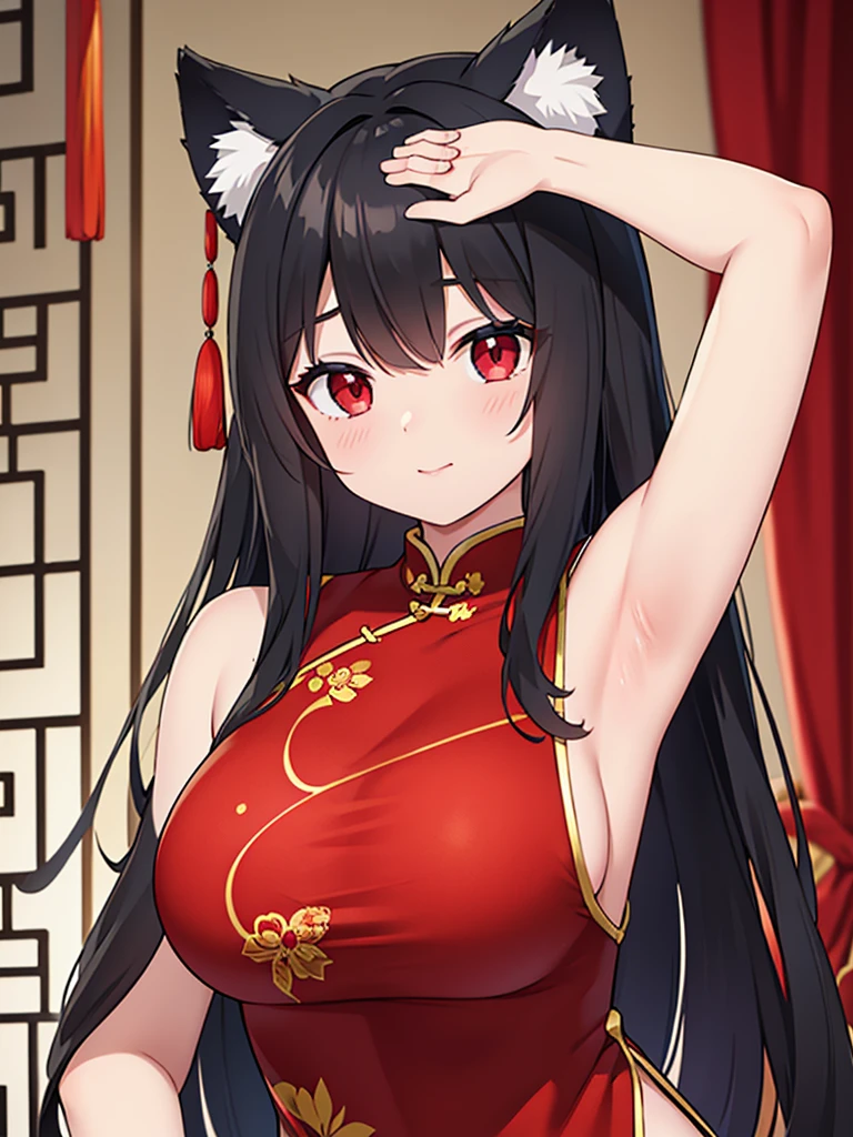 (best quality), (masterpiece), black hair, wolf ears, red eyes, chinese dress, Emphasize the armpits