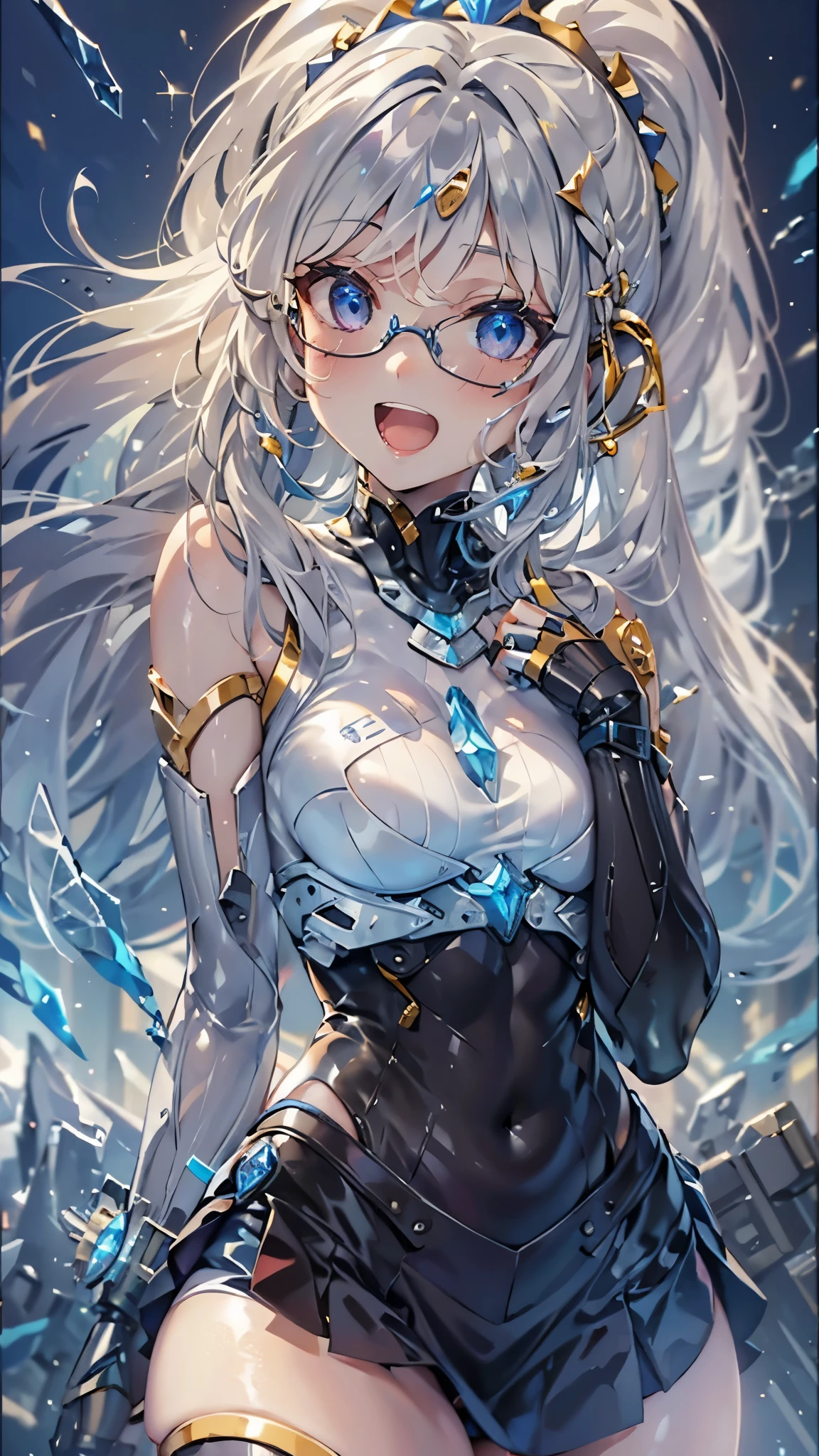 woman,,,city,night,(((white and blue tight miniskirt bodysuit))),,open mouth smile((See-through))glasses,((beautiful long ponytail)),((Baby girl bohape))