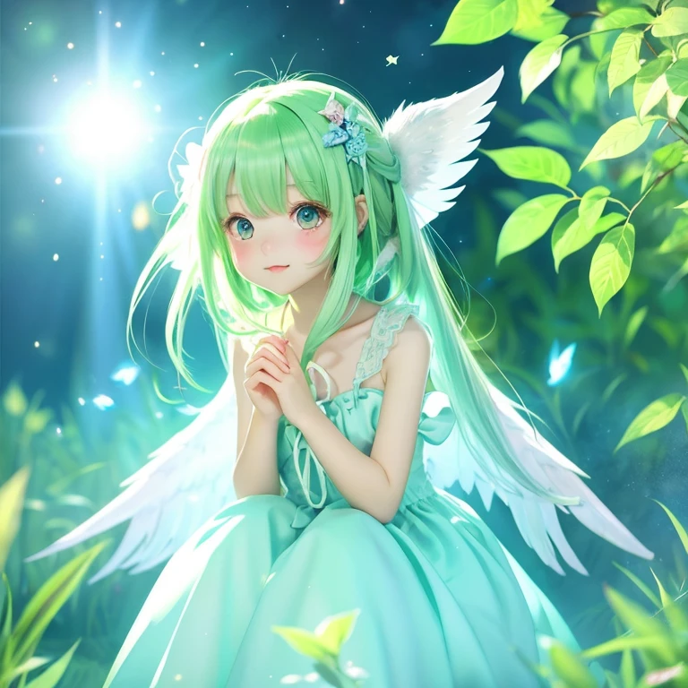 anime illustration、Young and cute、Angel、like、light blue，黄green，green，yellow、Gentle atmosphere、