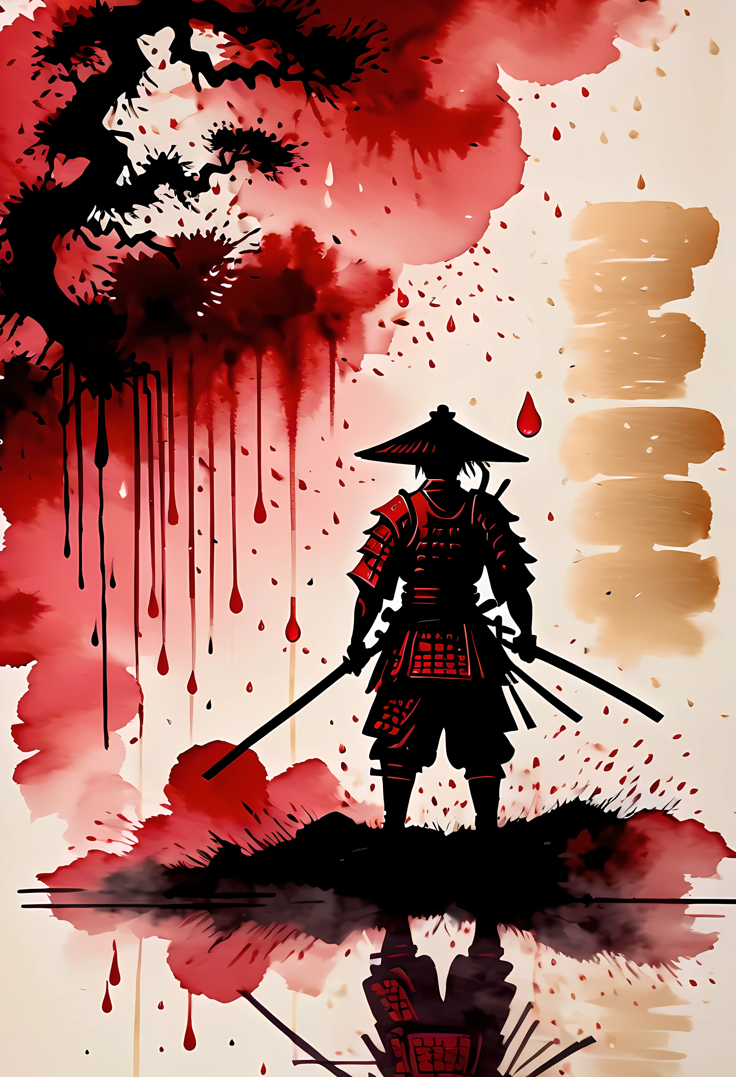 (best quality,realistic),(traditional Japanese art:1.1),(ink splatter:1.1),(samurai),(detailed Japanese armor),(dramatic lighting),(akira kurosawa style),(black rain),(vivid colors),(brushstrokes),(dynamic composition),(powerful stance),(stoic expression),(raindrops),(strong contrast),(mood of solitude),(crimson hues),(sharp focus),(minimalist background),(traditional calligraphy),(stormy atmosphere),(epic battle scene),(traditional Japanese landscapes),(unique texture)