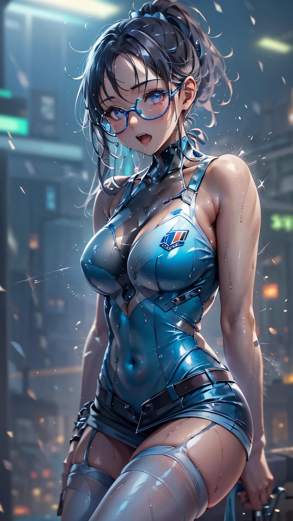 woman,,,city,night,(((white and blue tight miniskirt bodysuit))),(wet with sweat),open mouth smile((See-through))glasses,((beautiful long ponytail)),((Baby girl bo)