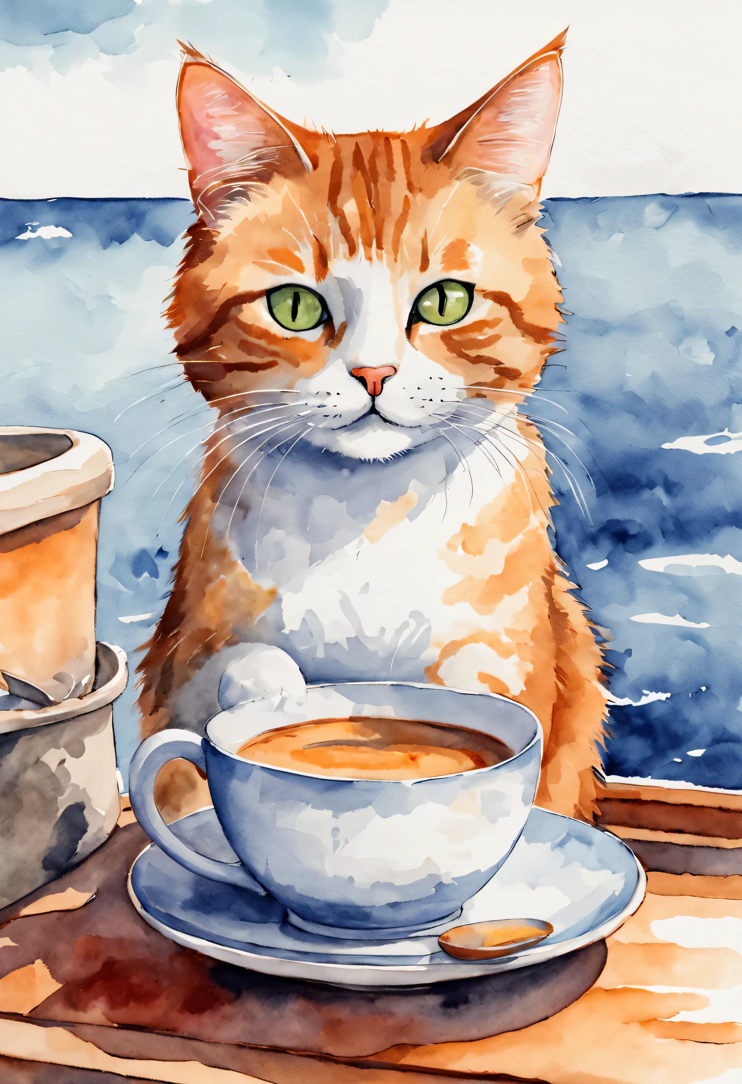 chat roux, boit une tasse de café, sur un petit bateau sur l'océan, style dessin aquarelle