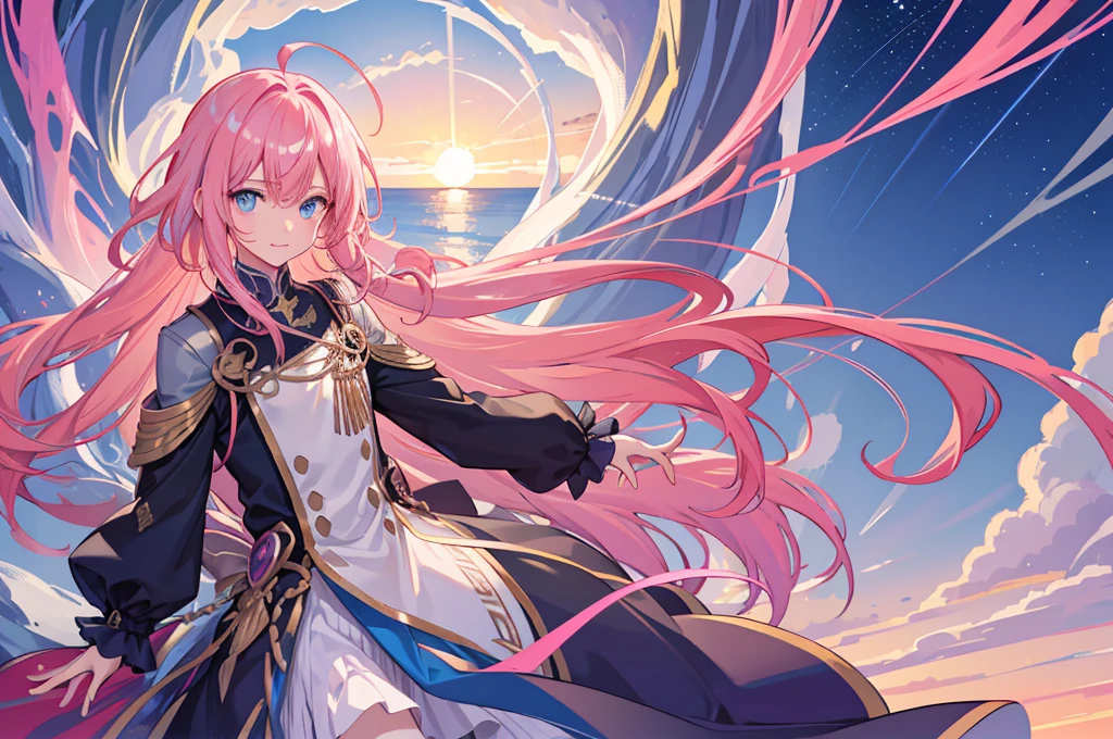 1boy, magical, long hair, pink hair, blue eyes, idol costume, ahoge, sunset, night view, starry sky, blue sky