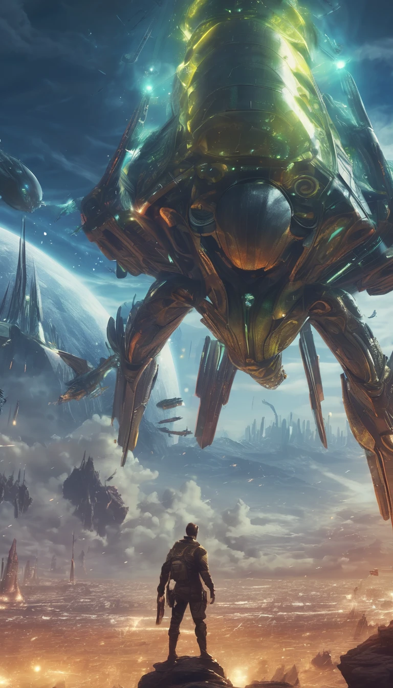 Man on top of the world, he is equipped with futuristic weapons and gear, world being invaded by the aliens