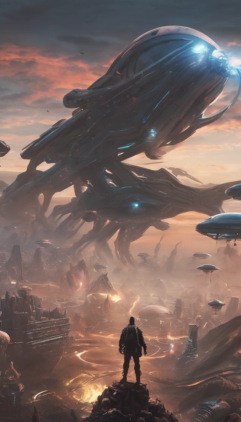 Man on top of the world, he is equipped with futuristic weapons and gear, world being invaded by the aliens