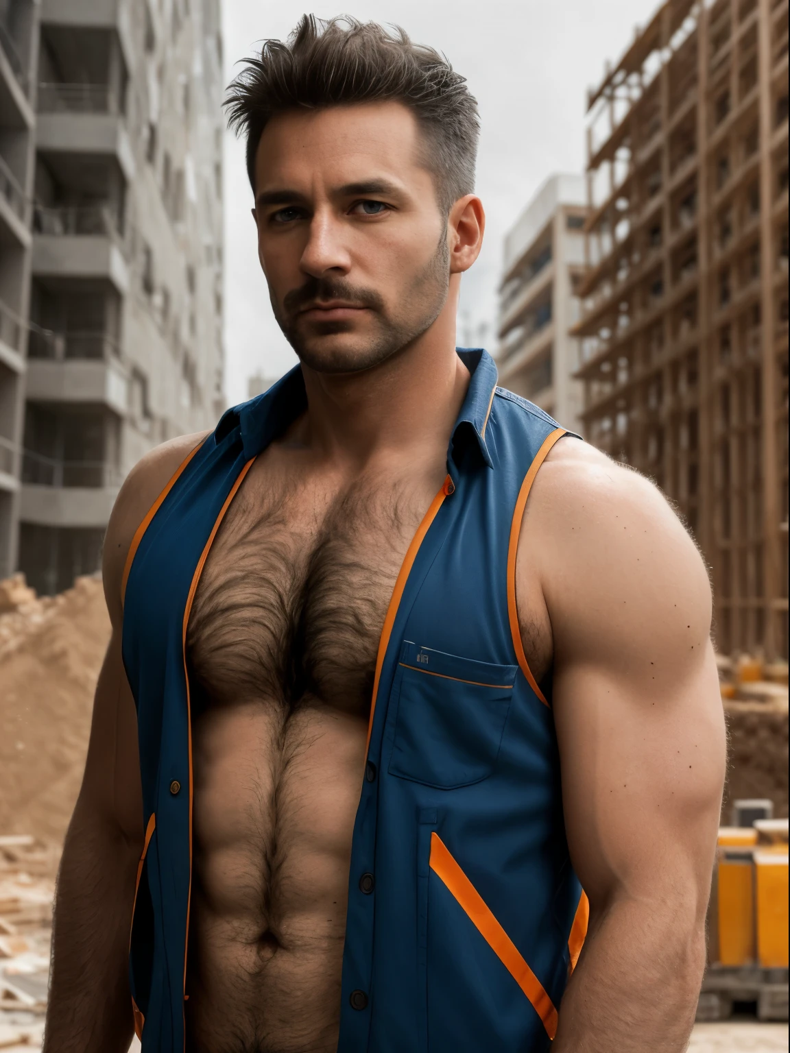 masterpiece, best quality, high resolution, closeup portrait, male focus, solo focus, A man, 40 years old, with construction worker uniform, unbuttoned work clothes, construction worker, silver grey hair, messy hairstyle, cute and seductive face, bare chest, body hair, facial hair, roman nose, very skinny body, hairy legs, dimples, beard, bold jawline , in the background a construction site, orange vest, gay , erotic, view from below, amazing composition, front view, HDR, ultra quality, elegant, highly detailed