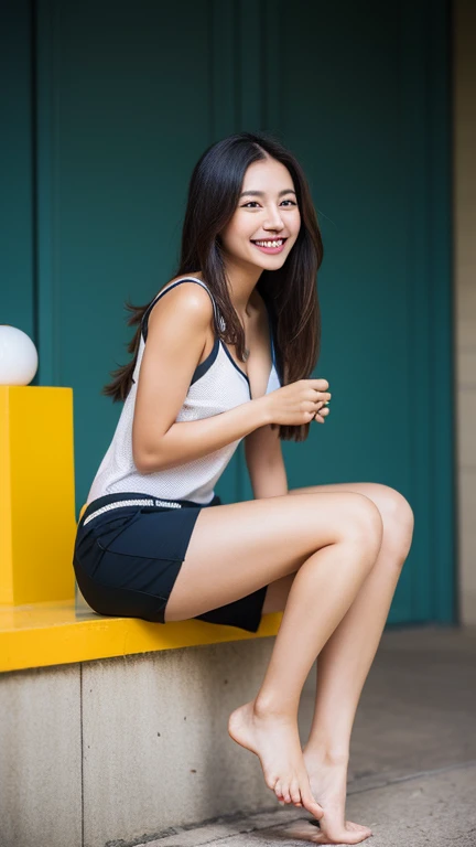 Highly detailed CG Unity 8K wallpaper, highest quality, Super detailed, masterpiece, realistic, photo realistic, Highly detailed cute girl, 25 years old, (Whole body to toes:1.4)、(whole body)、(whole body to toes)、(shot from the side)、
(She is wearing a grid girl costume with the sponsor's logo printed on it.:1.3), (shorts) , (sitting in a motorsport race), (cleavage), smile ,full body shot ,(Side view)、(side shot)、(smile at the camera)、