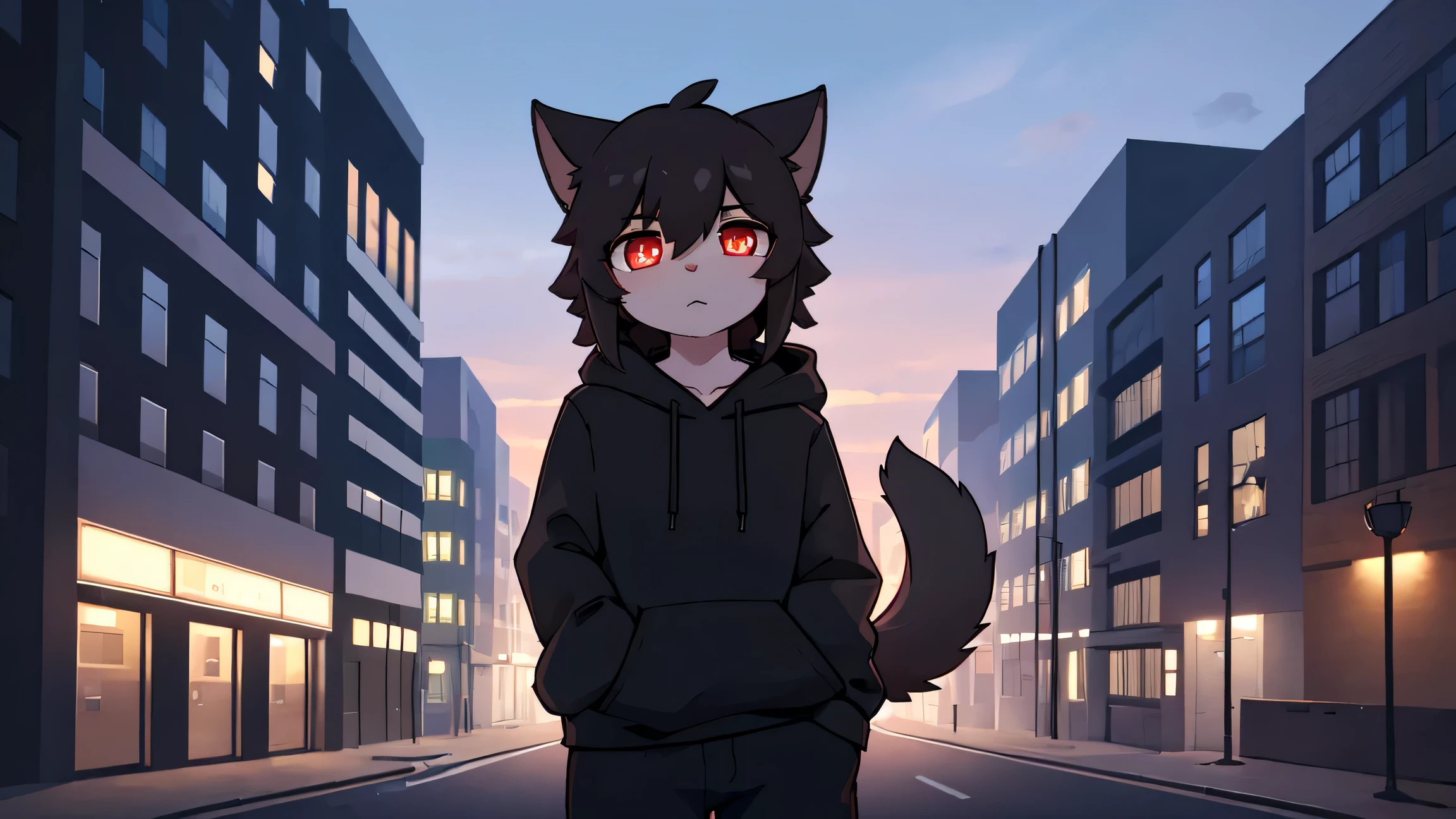 on a deserted street，city background，Detailed background，meticulous details，best quality，detail light，4K,8k，alone，dusk，Cat，fine hair，red pupils，Black sweatshirt，big tail，pocket，Black pants with blue pattern，garbled sky