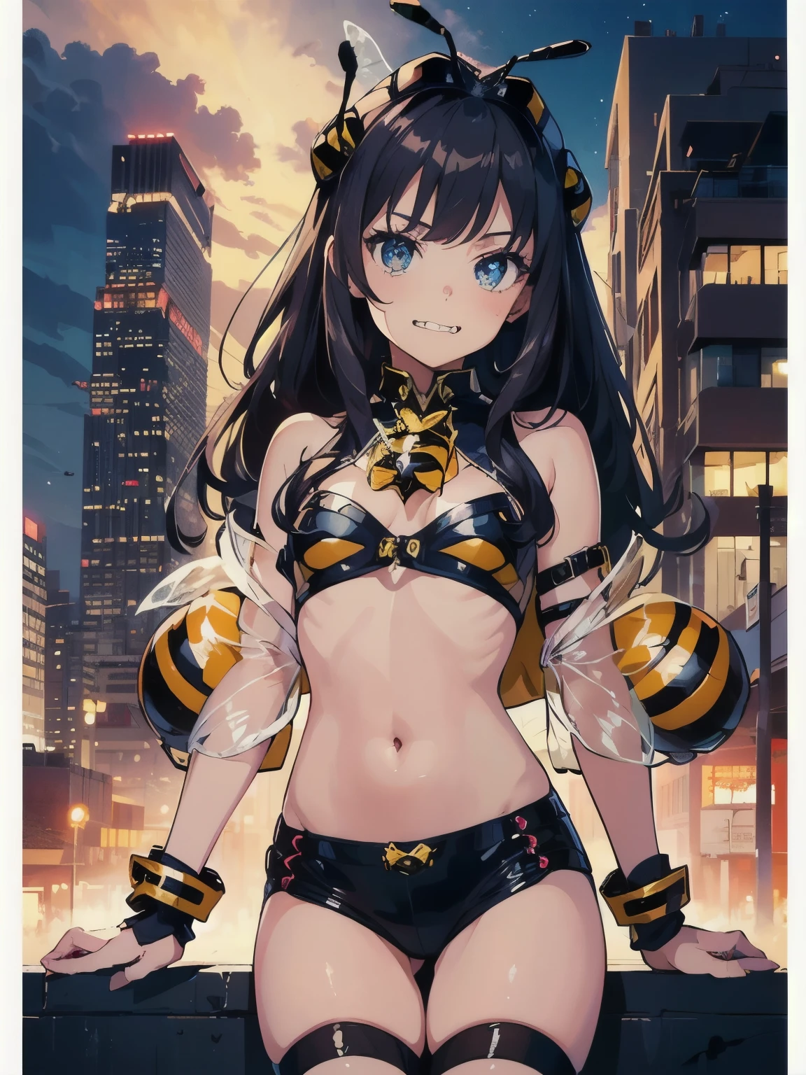 (masterpiece, top quality, best quality, official art, beautiful and aesthetic:1.2), (1girl,10yo,),glare,soft smile,mouth with fangs,(queen bee:1.5),ander view,Navel exposed,skyscrapers at night