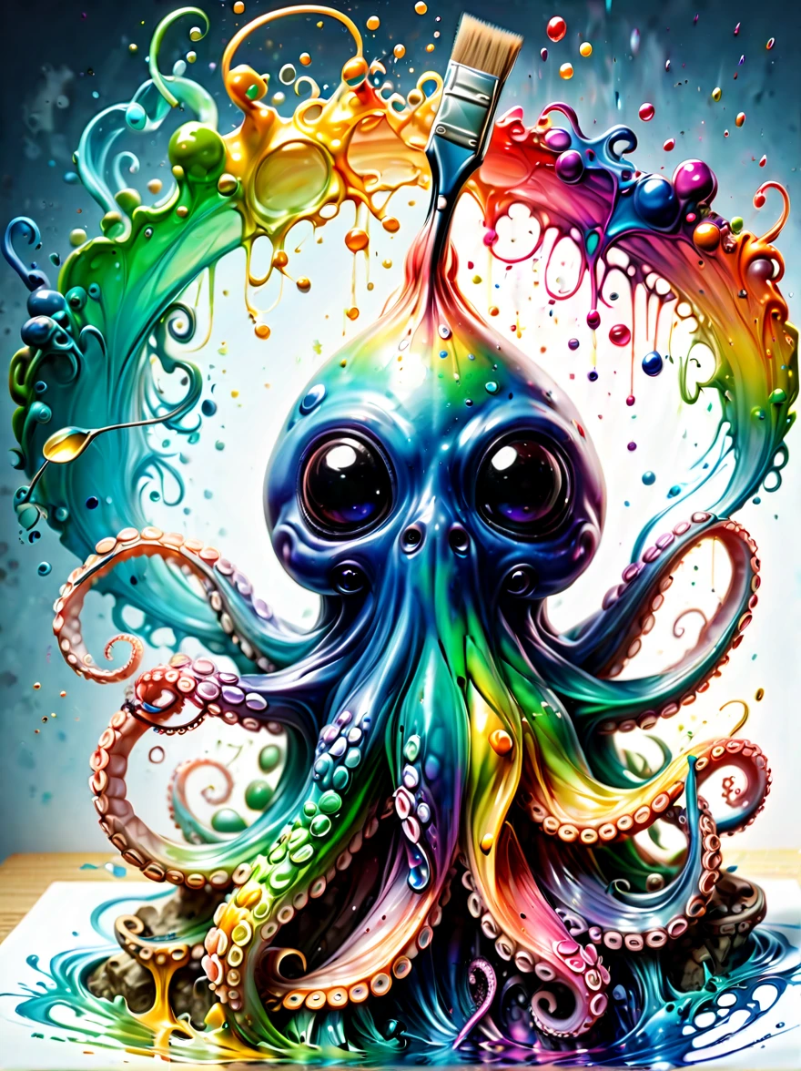 Whimsical vibe,an underwater world,((1 cute octopus holding a paintbrush and drawing pictures on the drawing board:1.5)),((ink pigment,Strong splash of colored ink:1.6)),(在画布和章鱼身上有更多的ink splatter effect:1.6),(Character covered in ink liquid splatter:1.6), (ink splatter effect:1.7),(Splash paint:1.7), (Rainbow paint splash:1.7),(paint splatter background:1.7),The octopus should look happy doing its art,周围是充满珊瑚和海洋生物的energetic水生环境,Lovely 3D rendering, Character covered in ink liquid splatter, 4D cinema rendering octane, blender art, Hospital 4D color rendering, highly detailed photo of happy, Rendering in cinema4d, 4D cinema rendering, Colorful octane rendering, 3d illustration, 3D illustration, Stylized for 3D rendering . energetic, beautiful, translucent, complex, detailed
