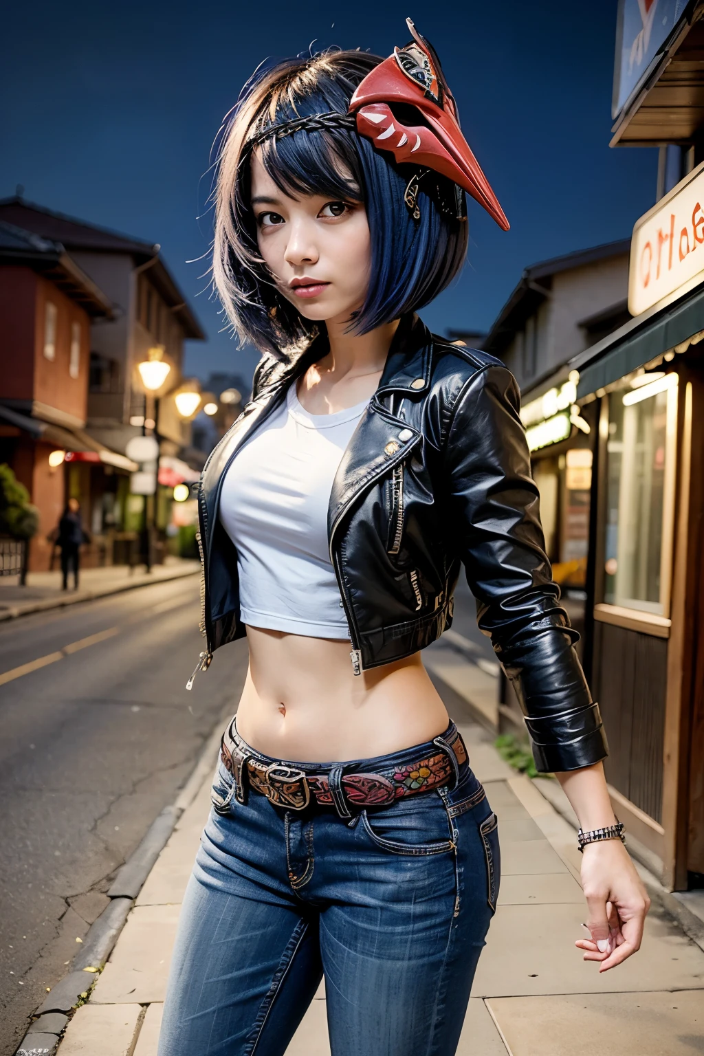 1girl, ((leather jacket, crop too)), (long dark blue jeans, iron belt), ((bare midriff, navel)), high quality, town, night, standing, seductive smile, looking at viewer, mask on head, blue hair, short hair, yellow eyes