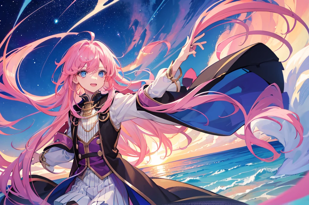 1boy, magical, long hair, pink hair, blue eyes, idol costume, ahoge, sunset, night view, starry sky, blue sky