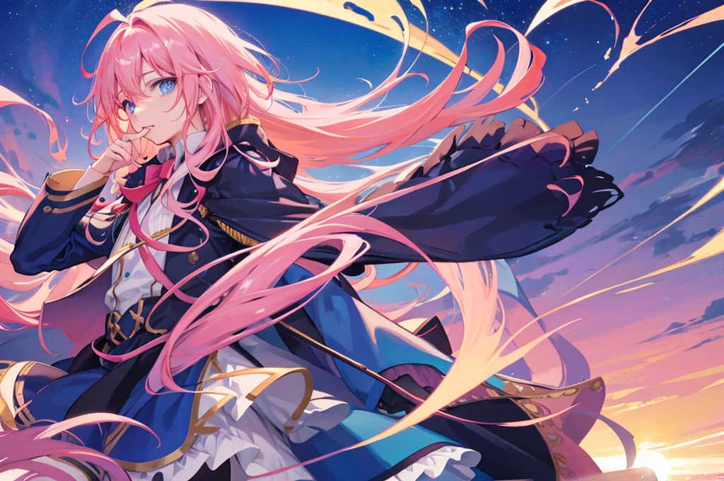 1boy, magical, long hair, pink hair, blue eyes, idol costume, ahoge, sunset, night view, starry sky, blue sky