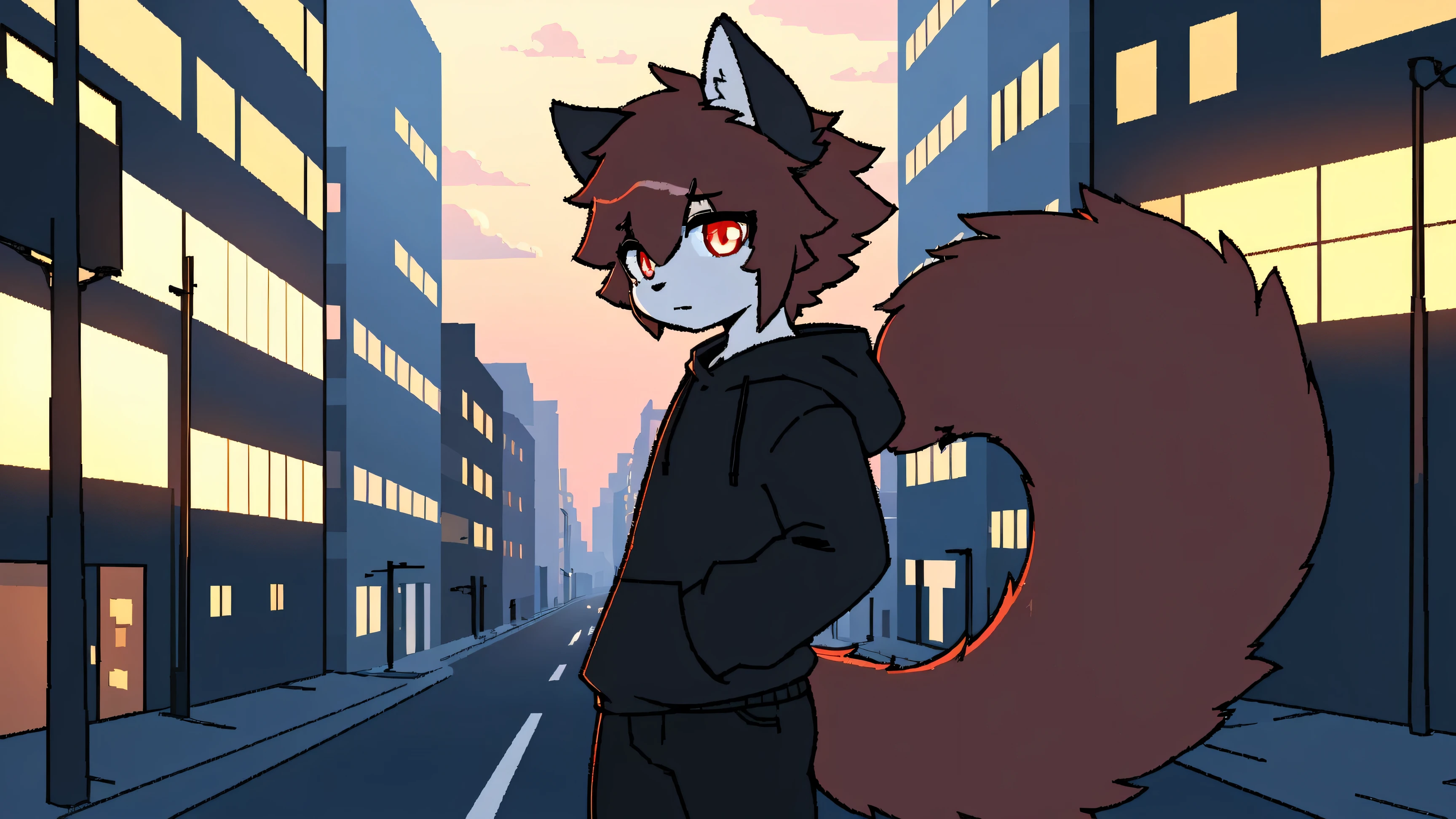 on a deserted street，city background，Detailed background，meticulous details，best quality，detail light，4K,8k，alone，dusk，Cat，fine hair，red pupils，Black sweatshirt，big tail，pocket，Black pants with blue pattern，cloudy day，Tyndall Wright，dusk