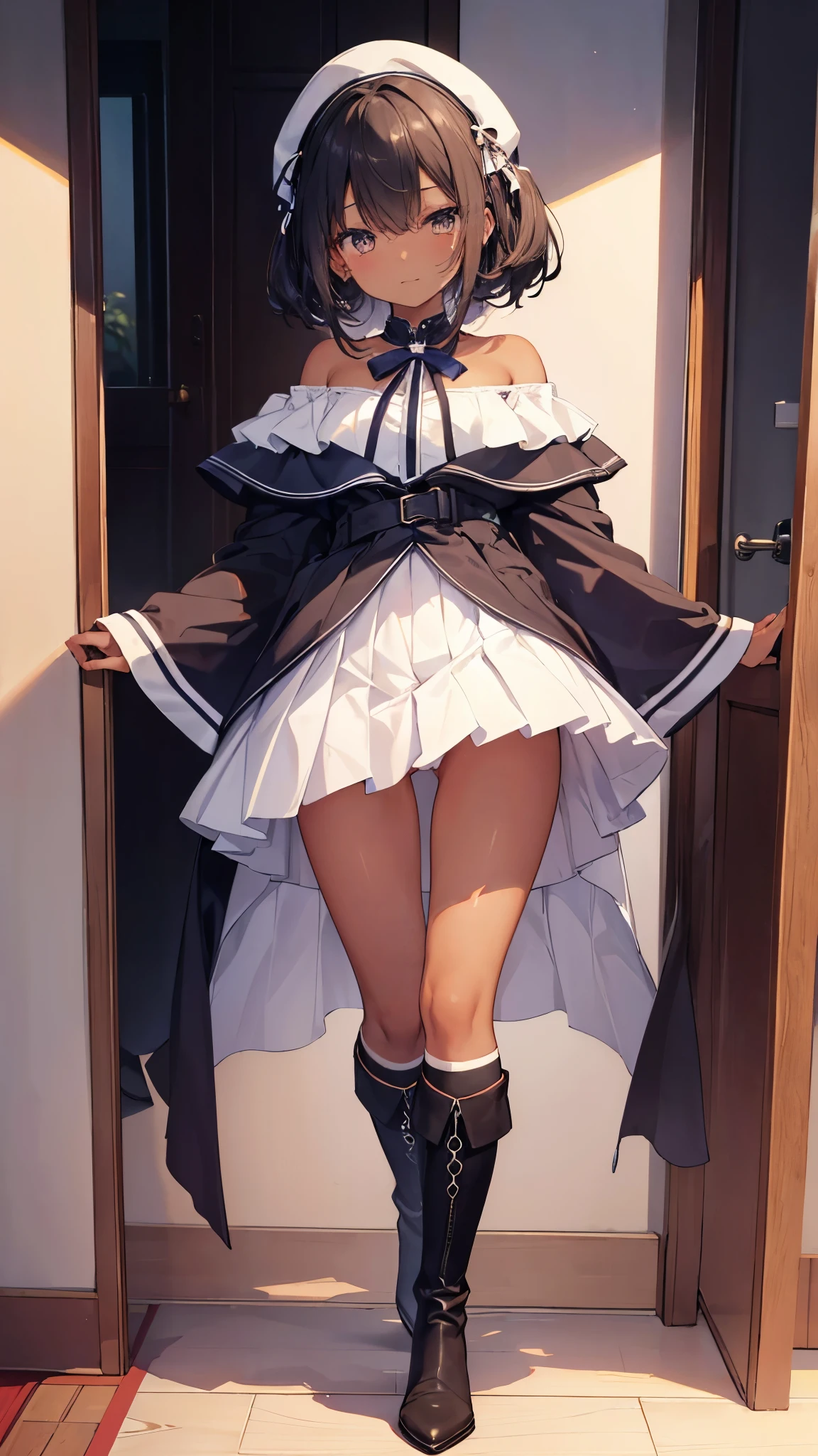 High resolution、(dark tan skin),perfect anatomy、8k、masterpiece、 old student、full body esbian、Futomo、Kamimei、check pleated skirt、off shoulder、laughter、Panty shot、Emphasize the lines of pants、knee high boots、sexy white panties