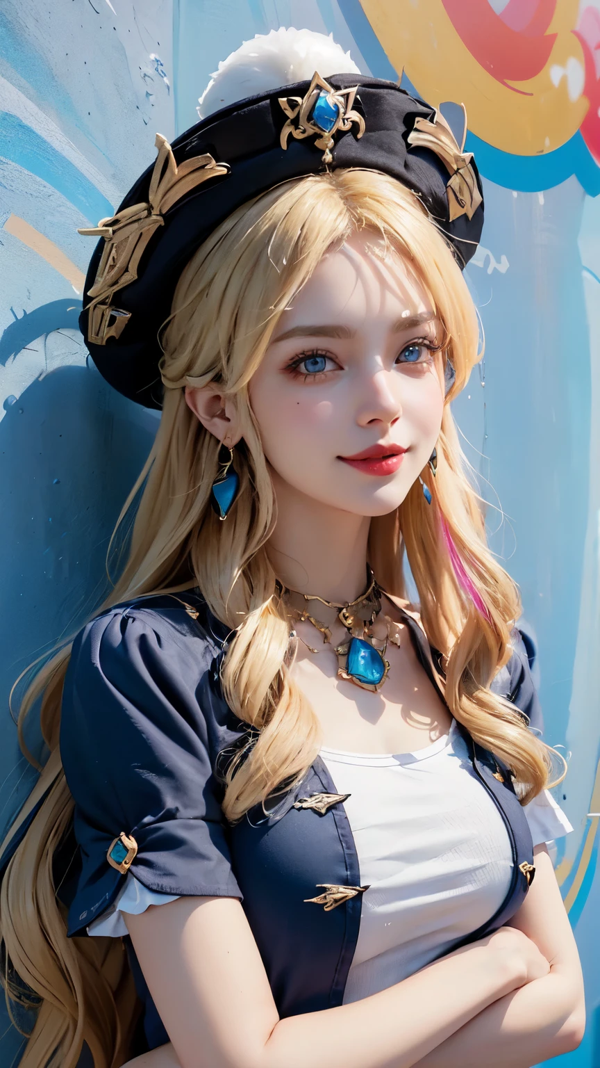 1 girl,Sexy Mature,long blonde hair,Very long, long hair,blue eyes,Super detailed face,Detailed eyes,Wearing a colorful beanie with no brim,Big breasts,dressed stylishly,White T-shirt,statement earrings、jewelry,wearing sunglasses,Smiling all over,Upper body shot,background:colorful rainbow wall,Cool,