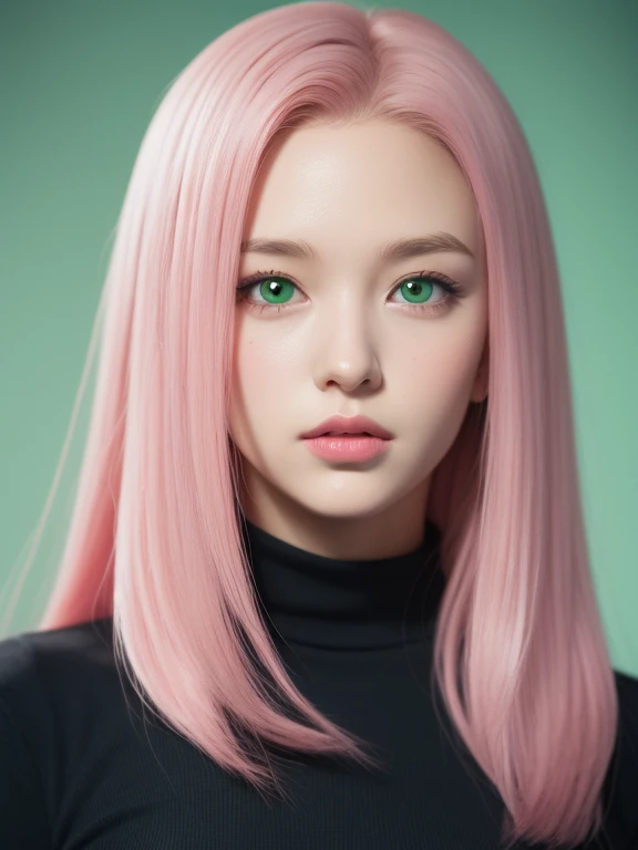 young woman, long bubblegum pink hair, wide forehead, emerald green eyes, upturned nose, thick pink lips, heart-shaped face, black dress, slender, Sakura Haruno, realism, well detailed, 3d