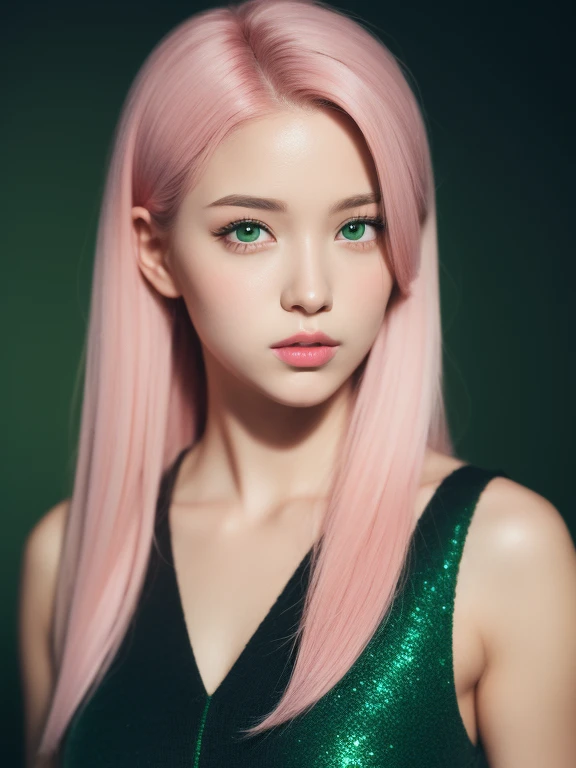 young woman, long bubblegum pink hair, wide forehead, emerald green eyes, upturned nose, thick pink lips, heart-shaped face, black dress, slender, Sakura Haruno, realism, well detailed, 3d