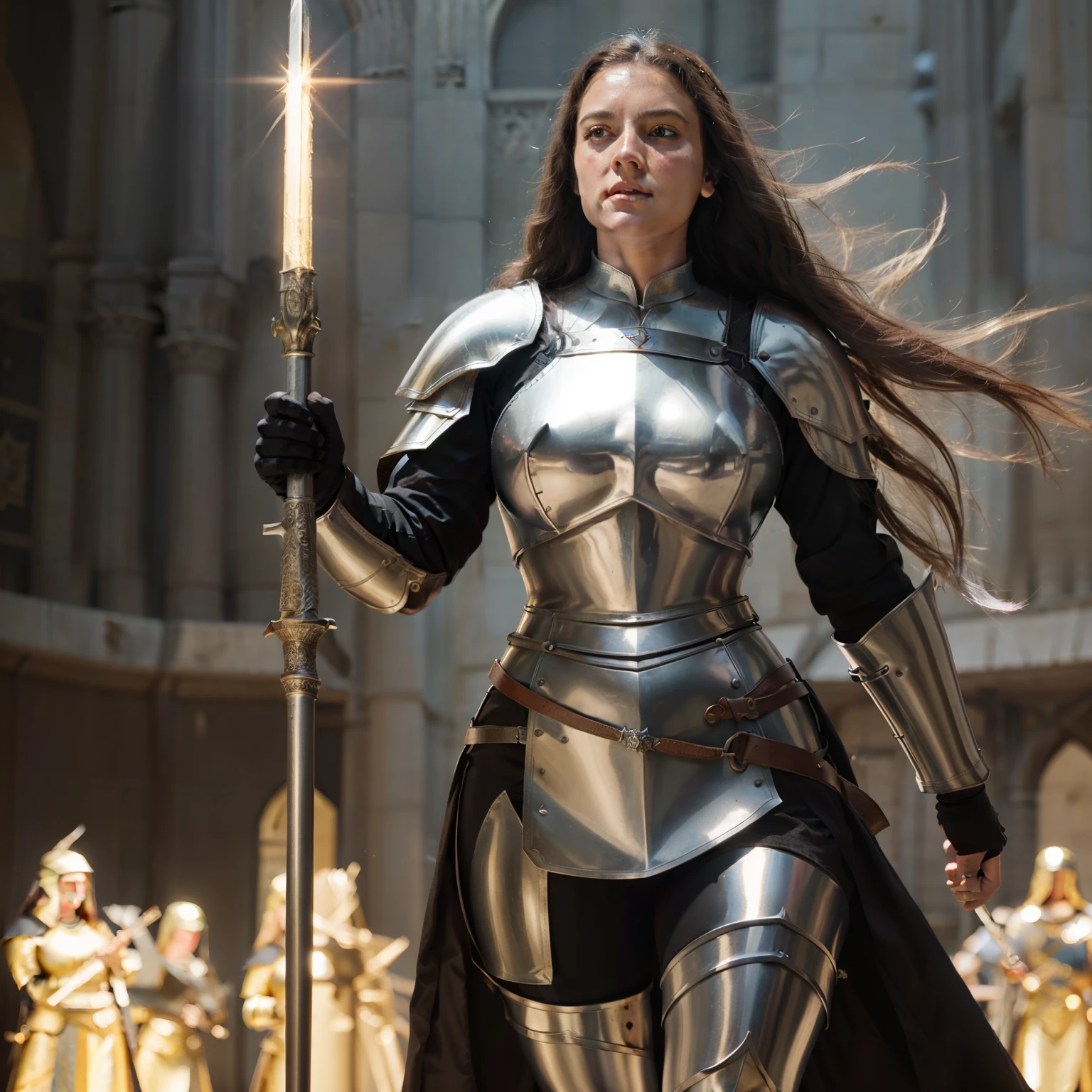Joan of Arc ,beautiful thick thighs, long dark hair, 3/4 body, in full armor leading in medieval Europe ::5 brandishing a spear and radiating divine light ::4 the palpable atmosphere of determination and courage ::3 Detailed visualization of the armor, weapon, and period attire ::2 a powerful and inspiring historical scene ::1 50 --s 2