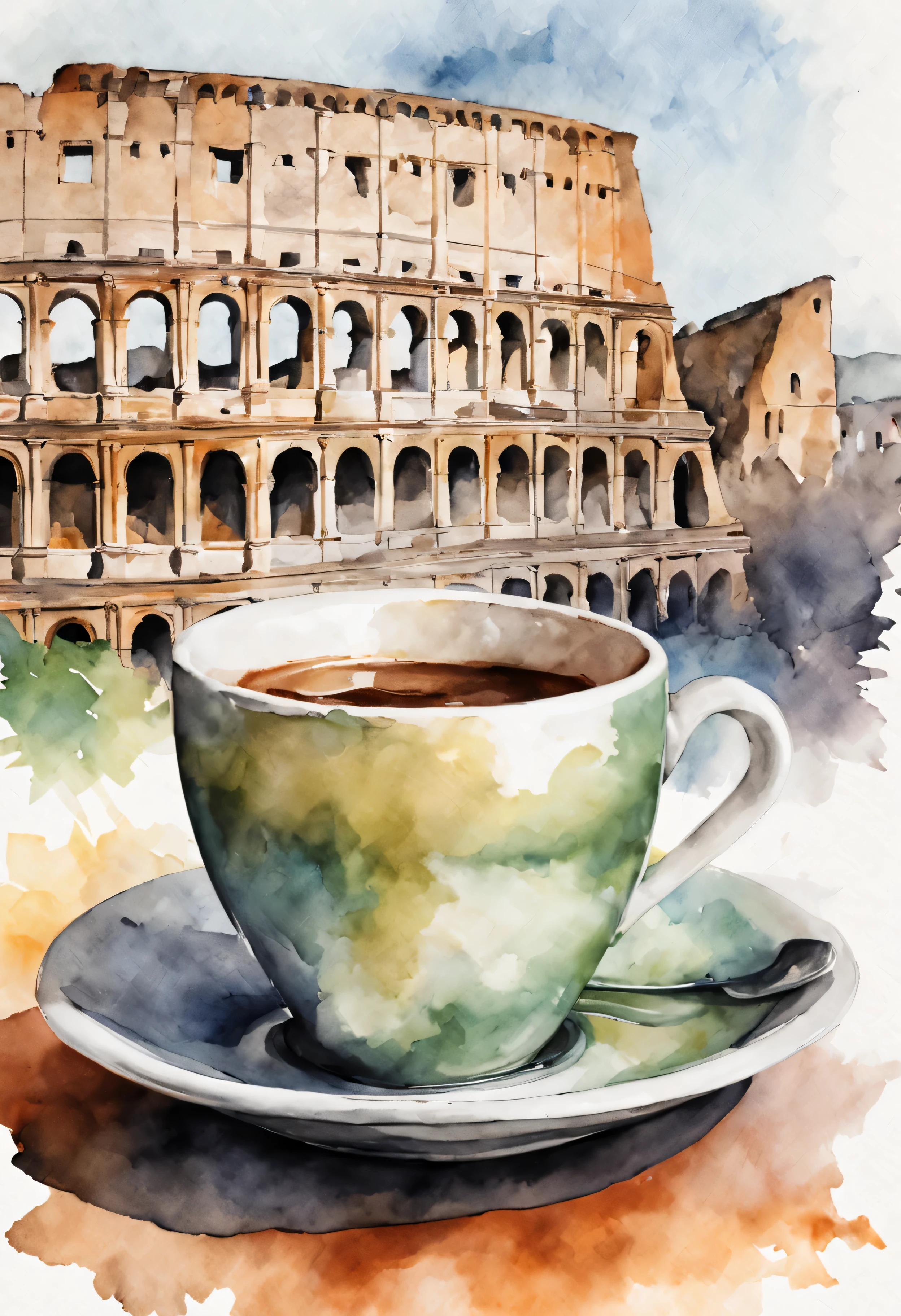 Tasse de café, devant le Colisée de Rome, style dessin aquarelle