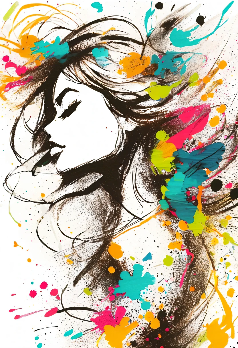 scribble art,ink splatter,Wild,splash ink painting,Abstraction,rich and colorful,Vague dreams,Dynamic energy,publish creation,visual impact,modern aesthetic,Elegant and simple,Contemporary interpretation,be bold,Stylized abstract portrait of beautiful girl,