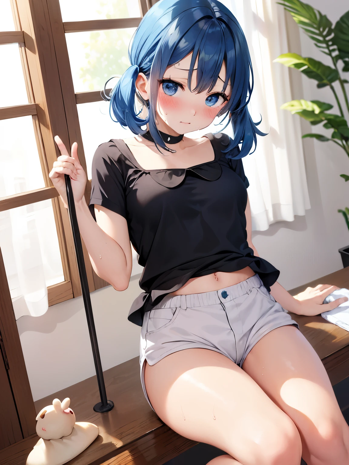 (((Dumpling Hair)))、(((excited)))、((((melancholy))))、((((avoid)eye)))))、( ( (Jump Up)) )) )) )) )) )) )) )) )) shirt) ) ) ))long bangs、blue hair、shorts、white clothes、 (( (small breasts) )) )、1 person、(blue hair)、medium hair、青いeye、タレeye、tops、Open your mouth、blushして、 (( (Sweat) ) )、white skin、( (Sweat) ) ))、(((blush) )) sex、Legs up、