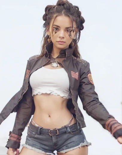 Mujer. Buen cuerpo. Morocha. Vestida de  un top rosa. Campera recortada. Shorts de cuero. Pelo negro dos trenzas.