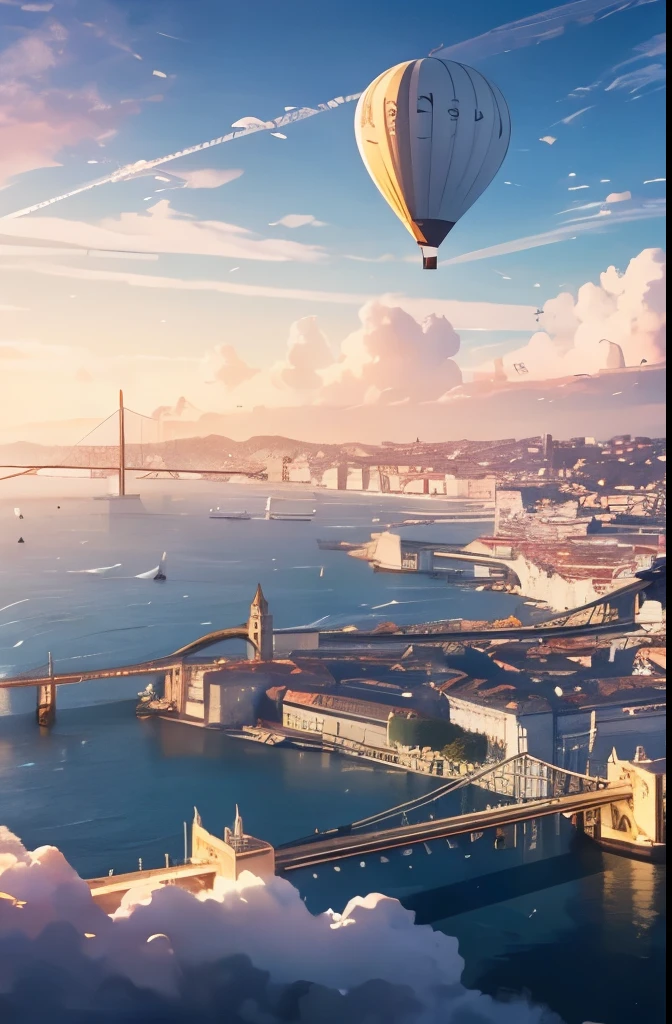 ((lisbon in the clouds, floating, sky)),Many birds are suspended in the air with many small airships and air balloon flying around, , yellow tram in Lisbon city, sunny, rich, classy, opulent, tresure, HD, highly detailed, clean drawings, 2d, joy, good mood, 64K, academy, fantasy, magical plants growing, extreme details, realistic light, epic composition, (complex details), (complex design, ultra-details :1.2), Art Station, (Masterpiece, Best Quality), Ultra HD, 32k --v 6
