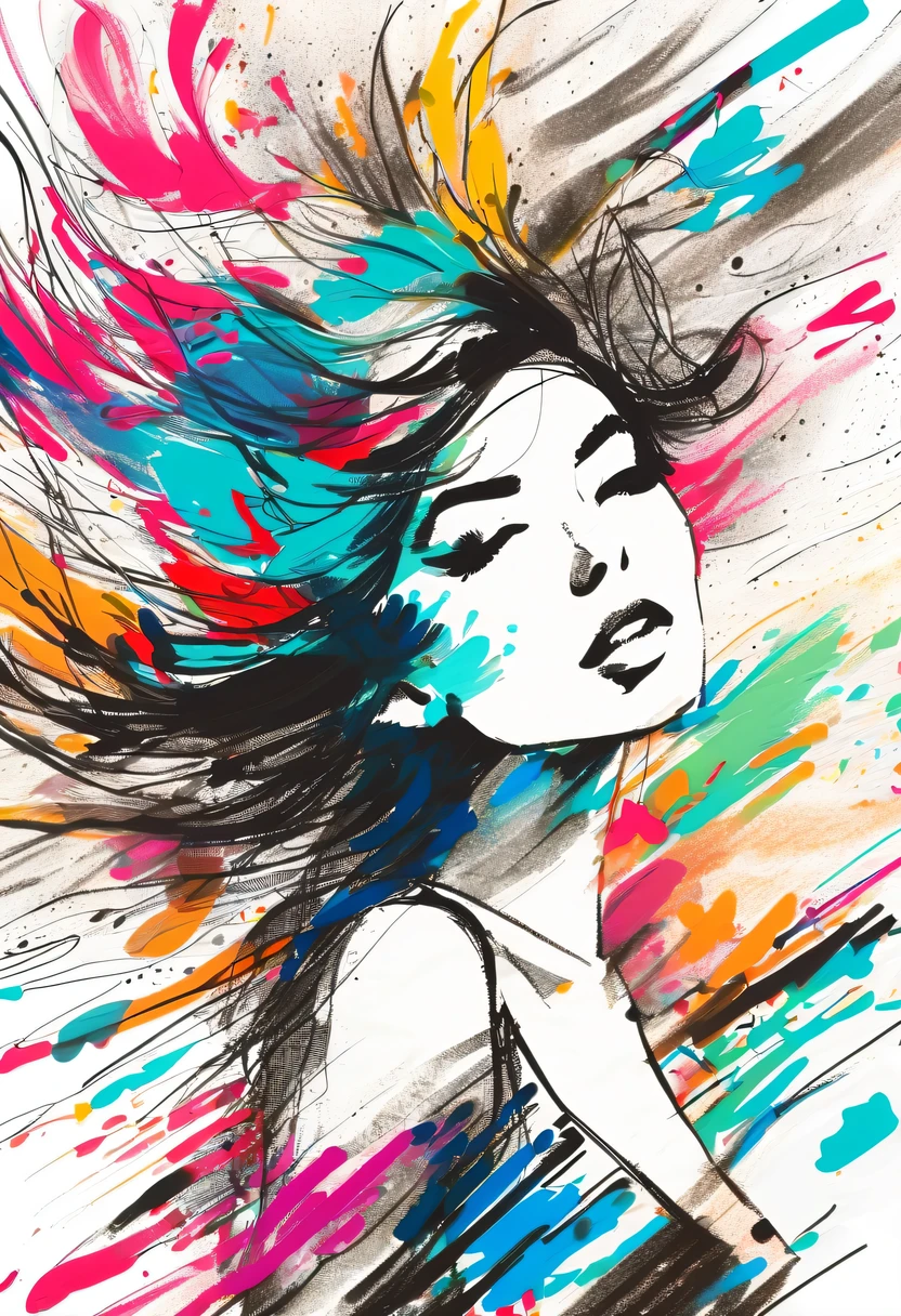 scribble art,ink splatter,Wild,splash ink painting,Abstraction,rich and colorful,Vague dreams,Dynamic energy,publish creation,visual impact,modern aesthetic,Elegant and simple,Contemporary interpretation,be bold,Stylized abstract portrait of beautiful girl,