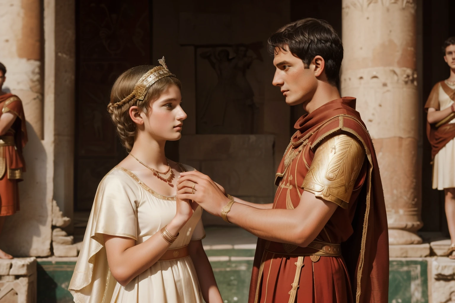 Rome, 77 BC. A young ((((17-year-old)) Julius Caesar)), getting married to ((13-year-old Cornelia)), wedding in ancient rome, romantic, love. ((((roman clothings from the 1st century BC))))