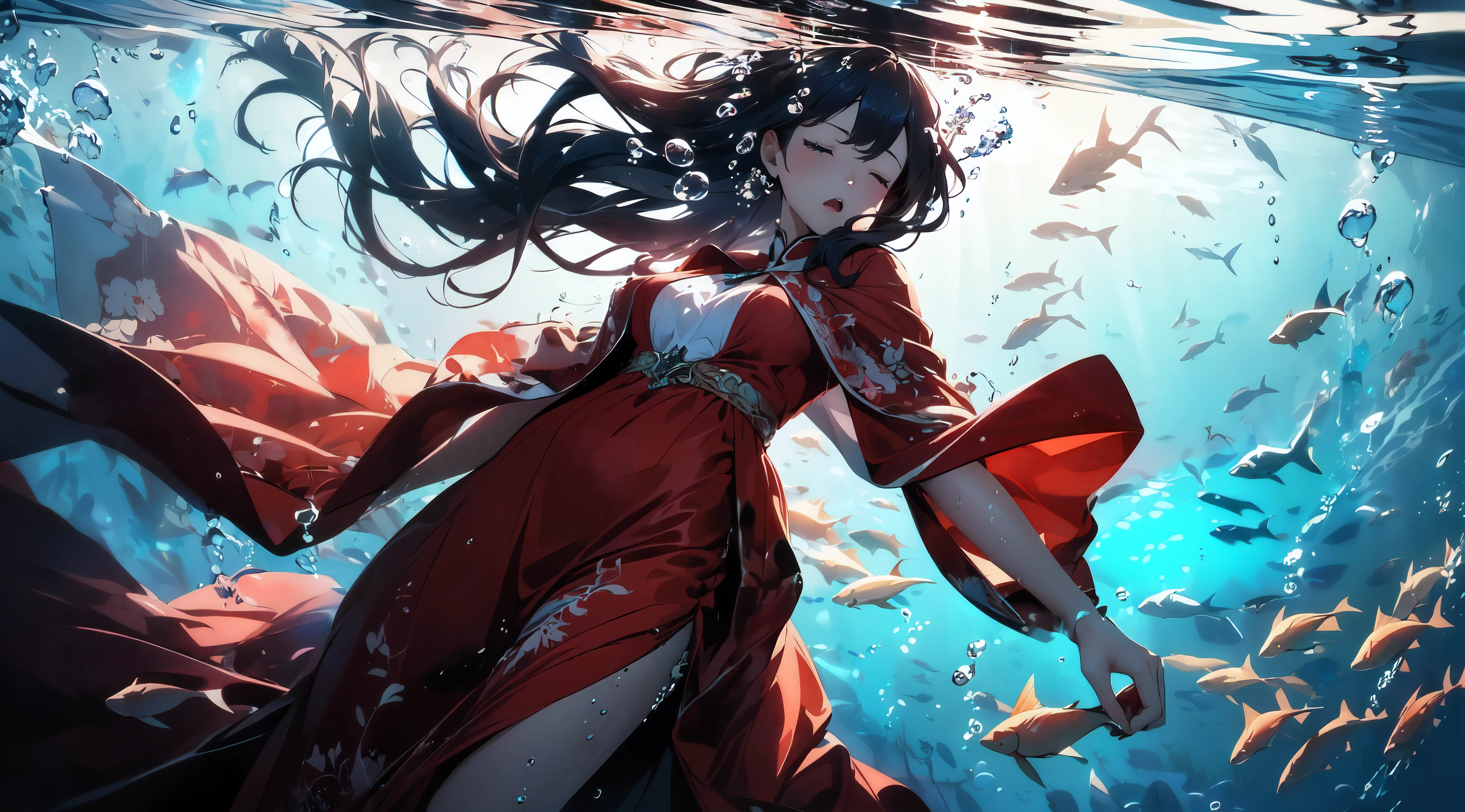 Throw,wallpaper anime blue water, Beautiful fantasy anime, Close-up fantasy of water magic, high definition anime art, Beautiful anime artwork, A beautiful artistic illustration, Beautiful anime art, anime fantasy artwork, HD anime wallpaper, ultra HD anime wallpaper, anime art wallpaper 4k, anime art wallpaper 4k, HD anime wallpaper,(from above, panoramic, view),((best quality)), ((masterpiece)), (detailed),(dynamic view),1 girl in (((wet clothes)),((close eyes)), ((Sleepy)), (wet),(wet body),patient expression,transparent,[skirt],((((wet translucent beauty red skirt with detailed pattern, very long skirt, very large skirt, very large sleeve)), The best decoration, The best wrinkles), best shadow, ((underwater photography, floating underwater, underwater photo, In the water,deepwater, floating drowning)), ((girl in red skirt)),Yuri,(drowning,sink),Many blisters,((Masturbation,clothed_Masturbation)), 8K resolution