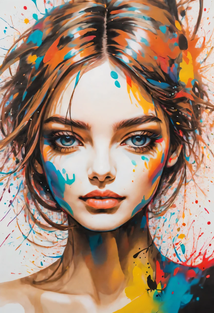 Gestural drawing in the style of Anna Dittmann,bold brush strokes, color splatter, strong vibrant metallic neon collours