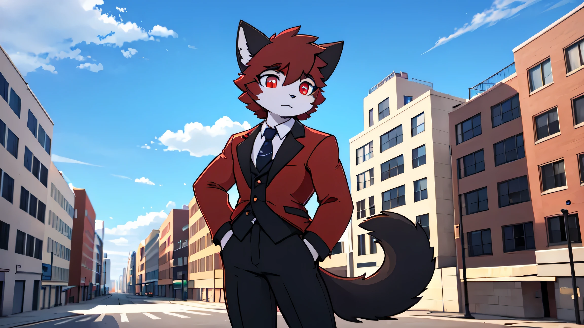 on a deserted street，city background，Detailed background，meticulous details，best quality，Detail lights，4K,8k，alone，dusk，Cat，fine hair，red pupils，red suit，big tail，pocket，Black pants with blue pattern，cloudy day，Tyndall Wright，dusk