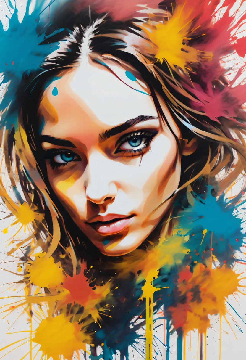 scribble art,ink splatter,Wild,splash ink painting,Abstraction,rich and colorful,Vague dreams,Dynamic energy,publish creation,visual impact,modern aesthetic,Elegant and simple,Contemporary interpretation,be bold,Stylized abstract portrait of beautiful girl,