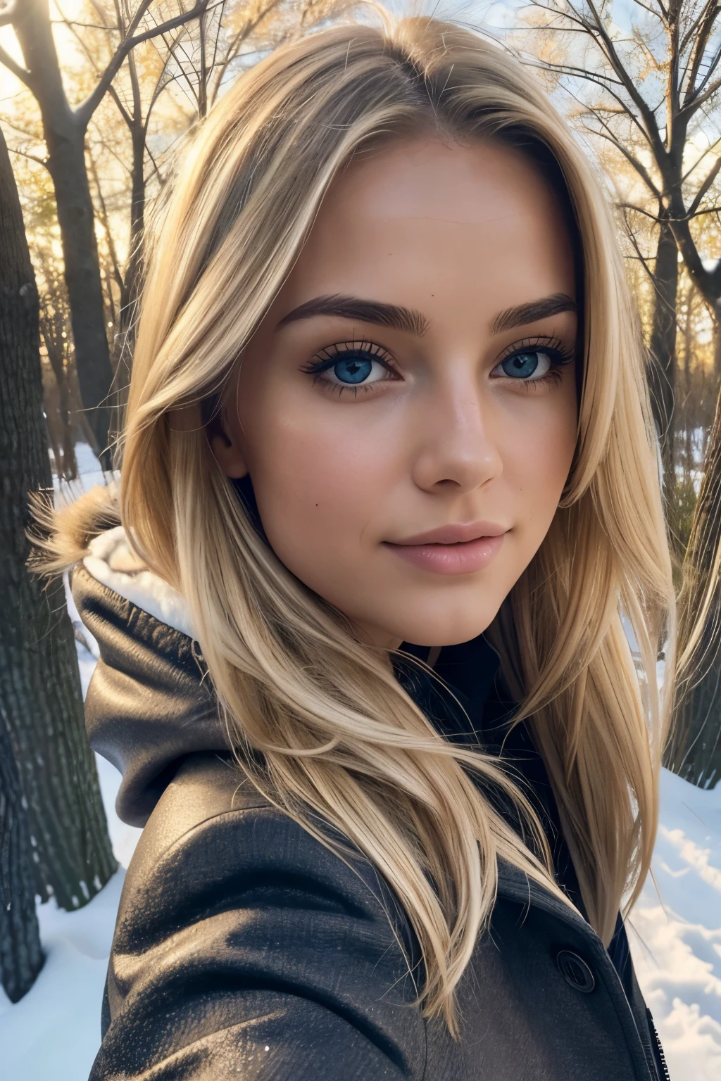 photorealistic, best quality, hyper detailed, beautiful woman with natural blonde hair, selfie photo, front view, solo, wearing winter coat, outdoors, (daytime),bare trees, (sexy), skin texture with perky 30G and perfect medium bubblebutt visible under clothing, film grain, close up, ultra high res, best shadow, RAW, instagram LUT.