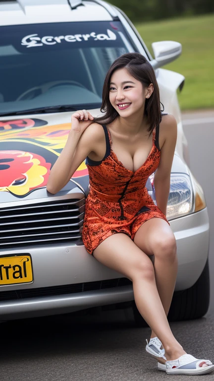 Highly detailed CG Unity 8K wallpaper, highest quality, Super detailed, masterpiece, realistic, photo realistic, Highly detailed cute girl, 25 years old, (whole bodyからつま先まで:1.4)、(whole body)、(whole body to toes)、(shot from the side)、(sitting on the hood of a car)、(lace queen)、
(Sponsored and wearing grid girl costume'The logo is printed on.:1.3), (shorts) , (sitting in a motorsport race), (cleavage), smile ,whole bodyショット ,(Side view)、(side shot)、(smile at the camera)、