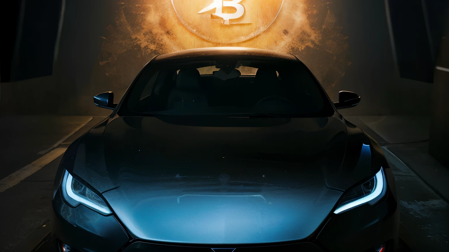 Craft an image that seamlessly blends Tesla's logo with Bitcoin symbols, showcasing the merging worlds of electric cars and cryptocurrency.
