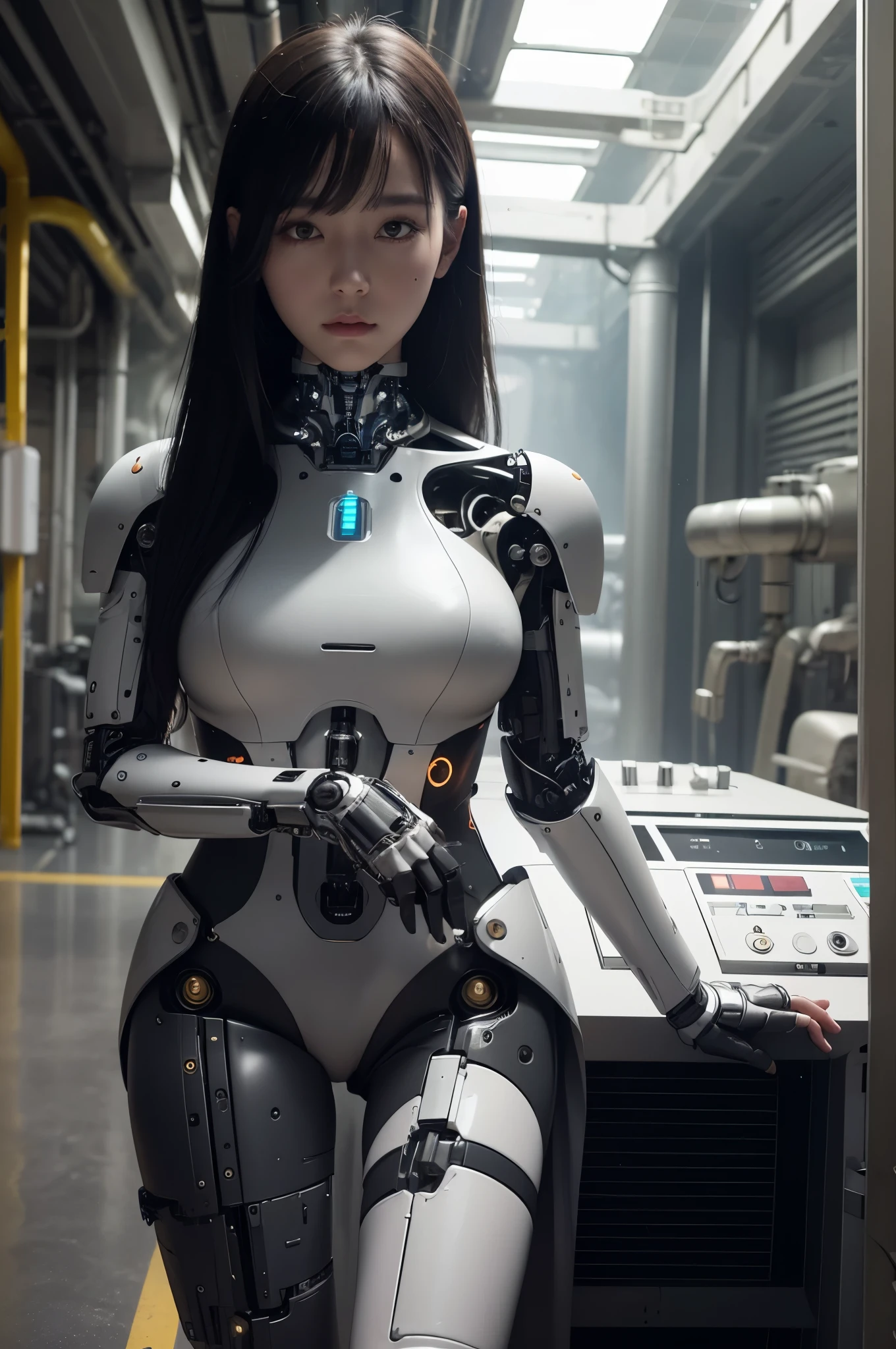 masterpiece, best quality, (photorealistic:1.4), (RAW photo)(8K, 4K, Best Quality, hight resolution, 超A high resolution:1.1), (masutepiece, Realistic, Photorealsitic:1.1), 1girl in, Japaese Cyborg Girl,Plump , announcer,control panels,android,Droid,Mechanical Hand, ,clothes with a sense of mechanical technology, Robot arms and legs, Black Robot Parts,Black hair,Mechanical body,Blunt bangs,White abdomen,White robotics parts,tube dress,perfect robot woman,perfect android woman, perfect mechanical woman,future laboratory,android factory,cyborg factory,robot factory,cyber pank,charging spot,long tube,thick cable connected her neck,bowing,maintainance her,repaired her,full eyes,dark black tights,a bit chubby