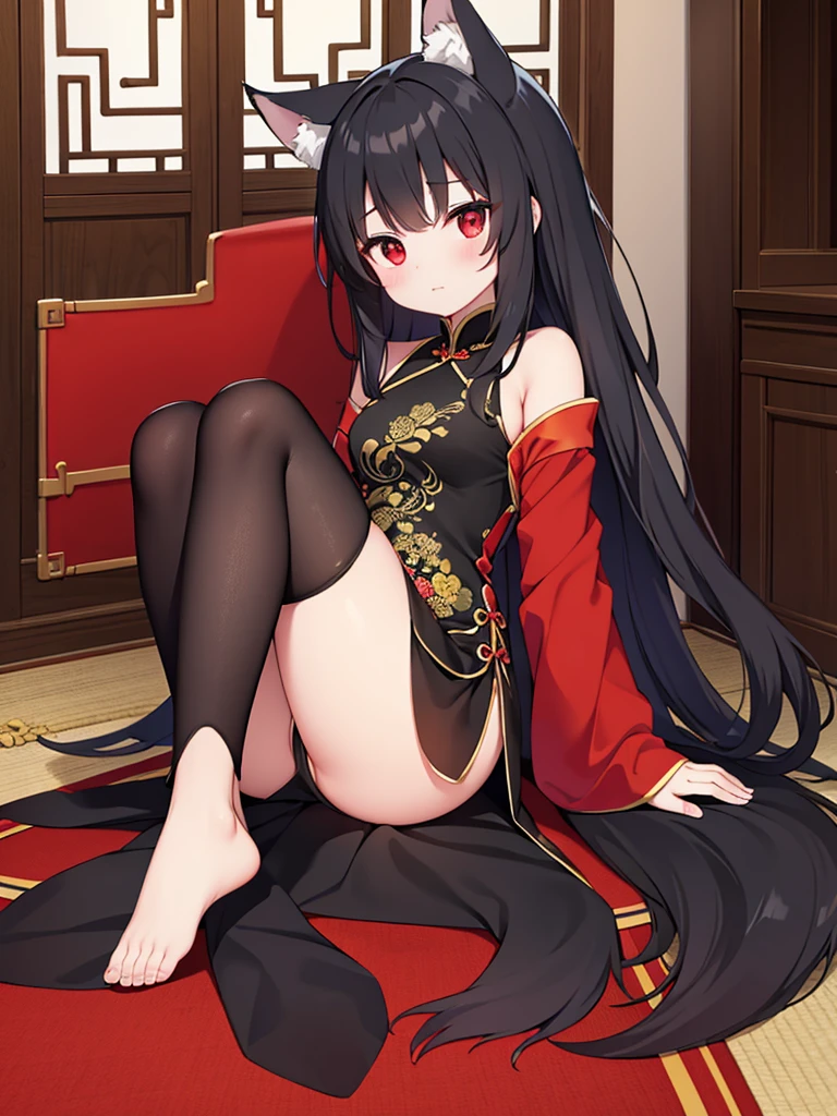 (best quality), (masterpiece), black hair, wolf ears, red eyes, chinese dress, emphasize the legs