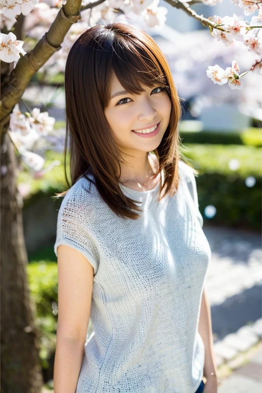 Tabletop, 最high quality, Photorealistic, In detail, High resolution,Beautiful Japanese Women,Beautiful attention to detail, Beautiful lip detail, Highly detailed face, Small Head, Small areola, Cinema Lighting, Realistic, 8k, high quality, Super detailed, look at me,smile,(one piece ,White knitwear),Long Hair,(Random outdoor locations),(Big Breasts:1.0),(Inoue Seika),whole body, (Breast bulge:1.0),thin,(Front view,throw)、whole body(Standing)