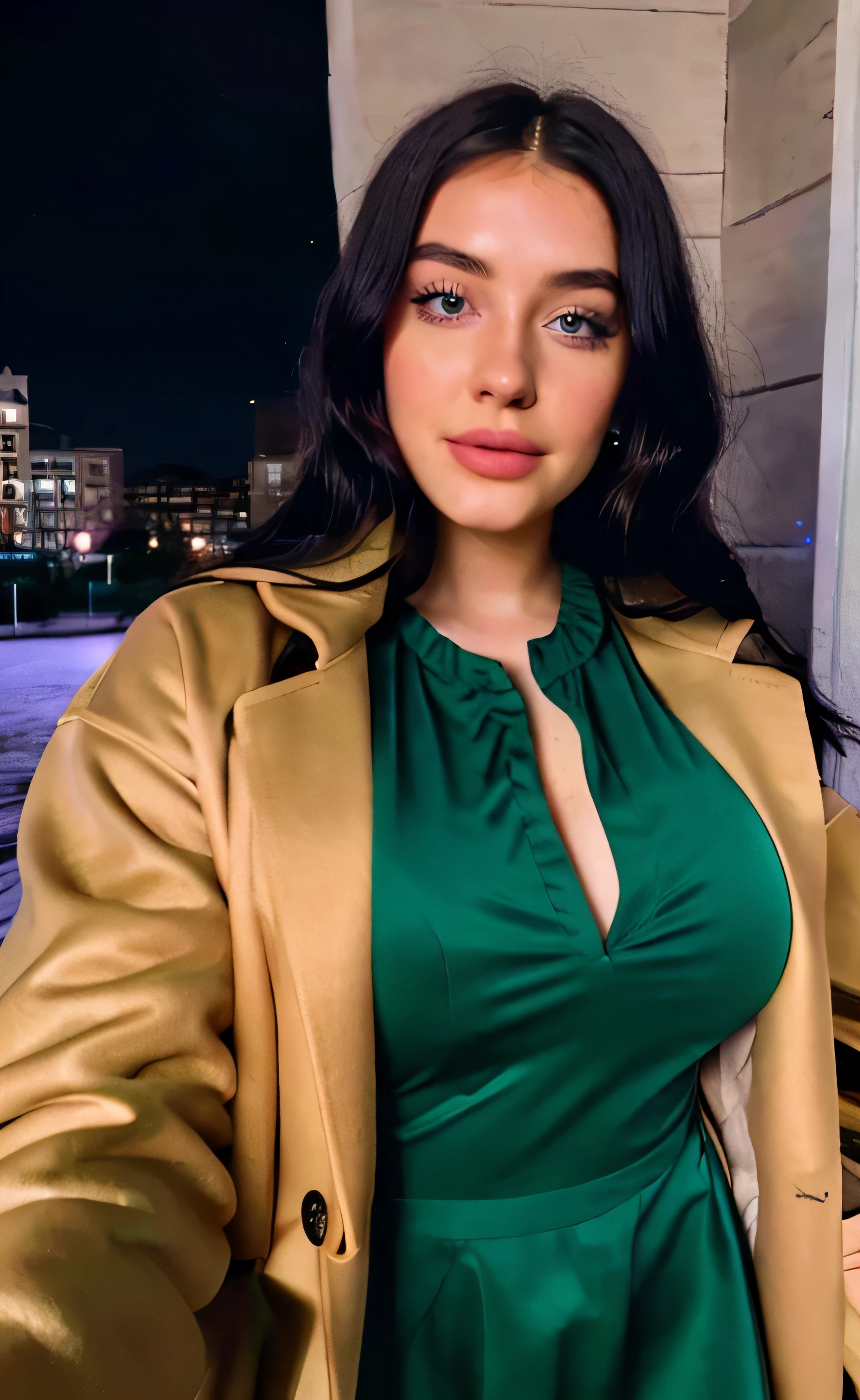 Natural face sharp features 23 year old Irish girl in selfie mode for instagram snapchat influencer with curves in a big dress and eyelash coat at night winter, make the face look natural , cute dimples 