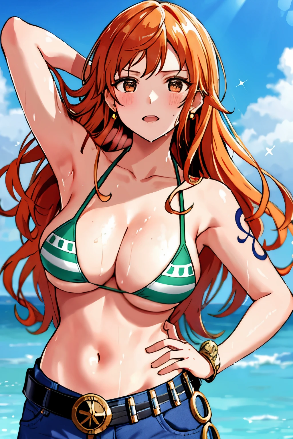 detailed background, masterpiece, 4K, best quality, 늦은 request소년, adult, wrestler body, 1 woman, Active, energetic, Uppercut, (Big mouth) , alone, Us \(One Piece\), 1 woman, bangle, (Very wet, Drenched in sweat, sweating all over, Very wet hair, tired, breathe, dehisce, exhausted, outcry, Sweaty face, sweaty body, Panting, sweating too much, Glittering sweat, sweaty armpits, trend, hands on hips, Serious, glaring), Perfect, detailed face, Draw bold lines, muscular arms, Detailed and thick arm lines, Flat chin, adult woman, wavy wide striped bangs, floating bangs, (Big cheeks), bare shoulders, off shoulder, belt, bikini, bikini top only, blue sky, bracelet, Elastic breasts, Breast line, Big round eyes, very large brown shiny eyes, foam, 높은 눈 stomach치, split, cloud, afternoon, request, earring, floating hair, shiny hair, green belt, green bikini, Thick groin line, requestpants, bijouterie, medium chest, Log Pose, long hair, looking at viewer, navel, wet hair, Orange hair, pants, shoulder Tattoo, side lock, sky, alone, standing, stomach, swimsuit, Tattoo , looking at viewer, dehisce, Detailed left arm, large forehead, hourglass shape, small head, A toned body, Broad head, wind effect, The Sun Effect, Under the sun, Narrow small ear angle, Previous, 무작stomach 포즈,