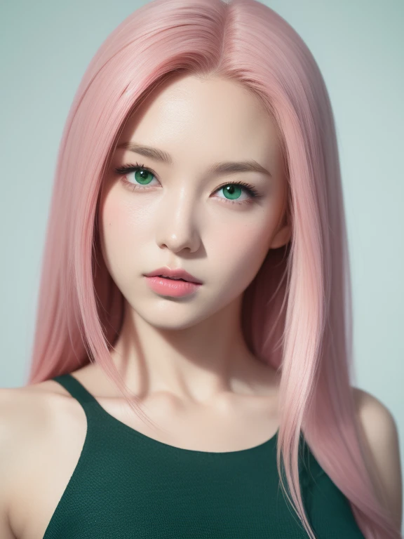 young woman, long bubblegum pink hair, wide forehead, emerald green eyes, upturned nose, thick pink lips, heart-shaped face, black dress, slender, Sakura Haruno, realism, well detailed, 3d