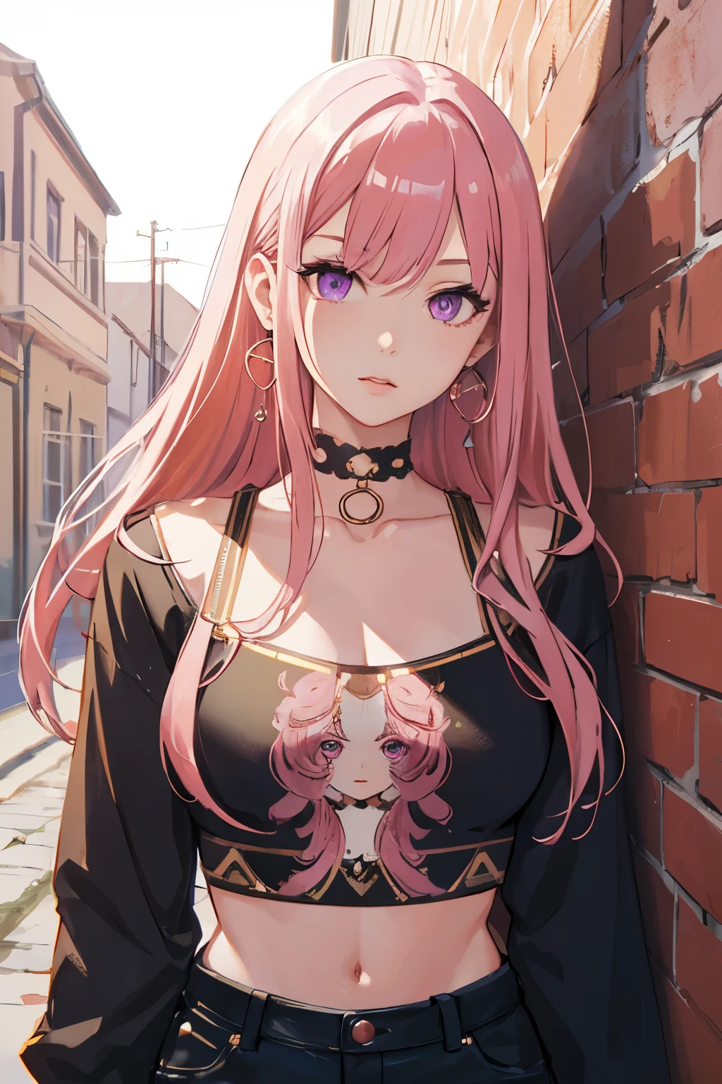 (masterpiece, best quality, 1girl, solo, intricate details, chromatic aberration), realistic, ((medium breath)),long hair, pink hair, red head ornament, pink highlights, hair over one eye,purple eyes, earrings, sharp eyes, choker, neon shirt, open jacket, crop top, (symmetry eyes),(perfect symmetrical body),against wall, brick wall, graffiti, dim lighting, alley ,look at viewer