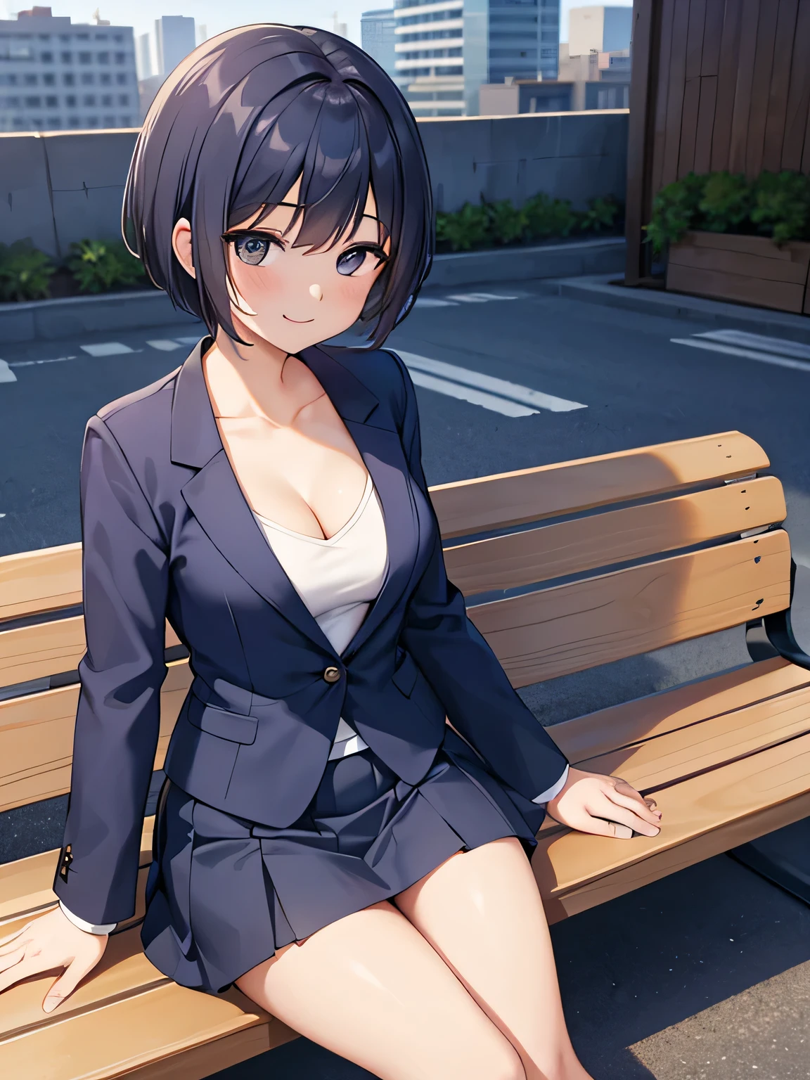 (1) A woman is sitting on a bench with a smile.
(2) women have short hair、She is wearing a white V-neck innerwear and a navy blue skirt suit.。.
(3) Cleavage in women is visible.
(4) The location is a bench on the roof of a building..
(5) please draw her from the front. The angle should be such that the shorts are mostly visible.