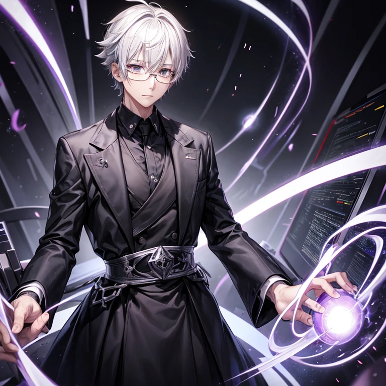 black clothes、gray hair、tall、((male))、Glasses、scientist、computer、Near future、short hair、White eyes、soul、cross、(bouncing hair)、purple、show your whole body